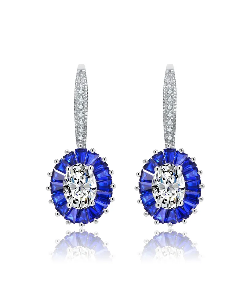 Genevive Gv Sterling Silver White Gold Plated and Sapphire Cubic Zirconia Leaverback Earrings