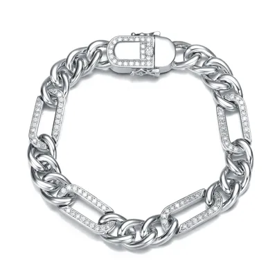 Genevive Men's Sterling Silver White Gold Plated with Iced Out Cubic Zirconia Paper Clip Curb Chain Bracelet