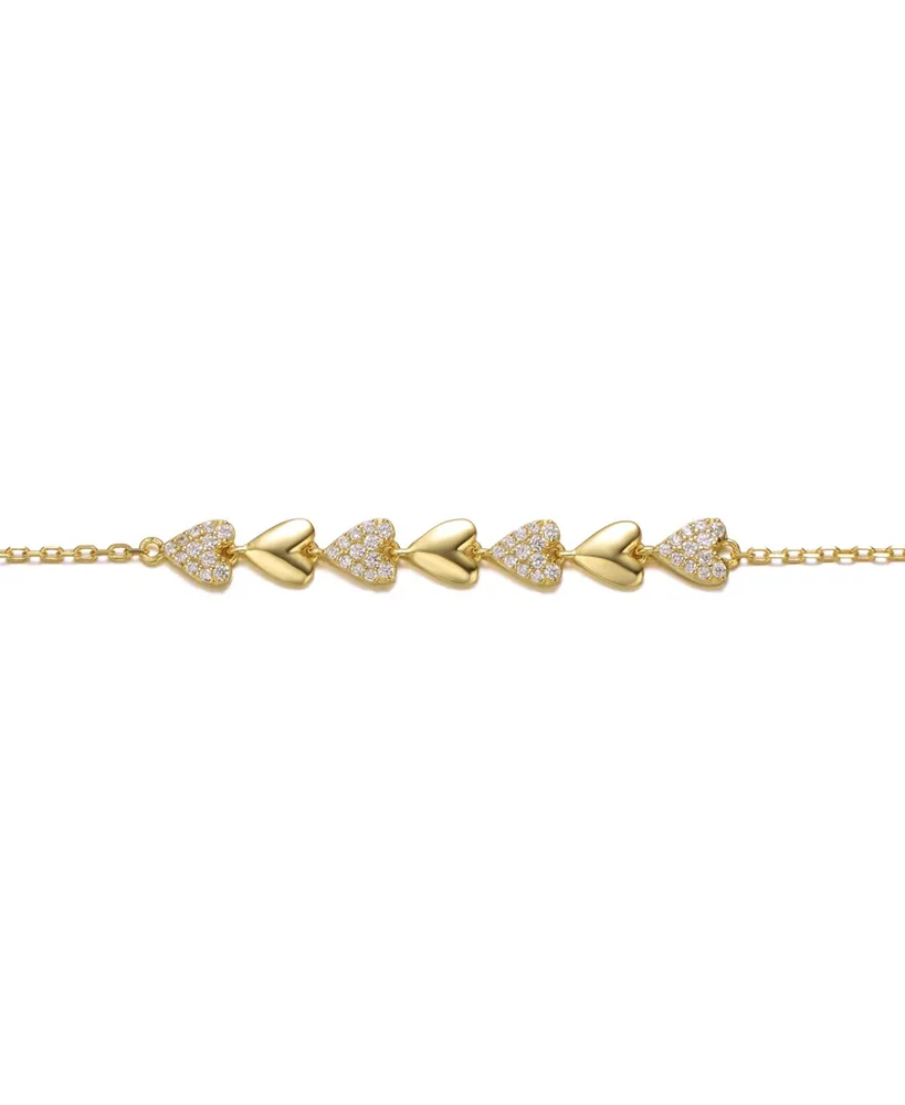 Genevive Sterling Silver 14k Yellow Gold Plated with Cubic Zirconia Pave Heart Stampato Link Bracelet