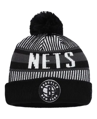 Big Boys New Era Black Brooklyn Nets Stripe Cuffed Knit Hat with Pom