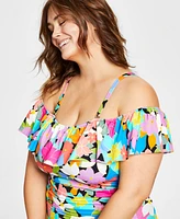 Swim Solutions Plus Tummy Control Off-The-Shoulder Ruffled Swimsuit, Created For Macy's