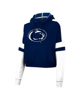 Women's Colosseum Heather Navy Penn State Nittany Lions Throwback Stripe Arch Logo Cropped Pullover Hoodie