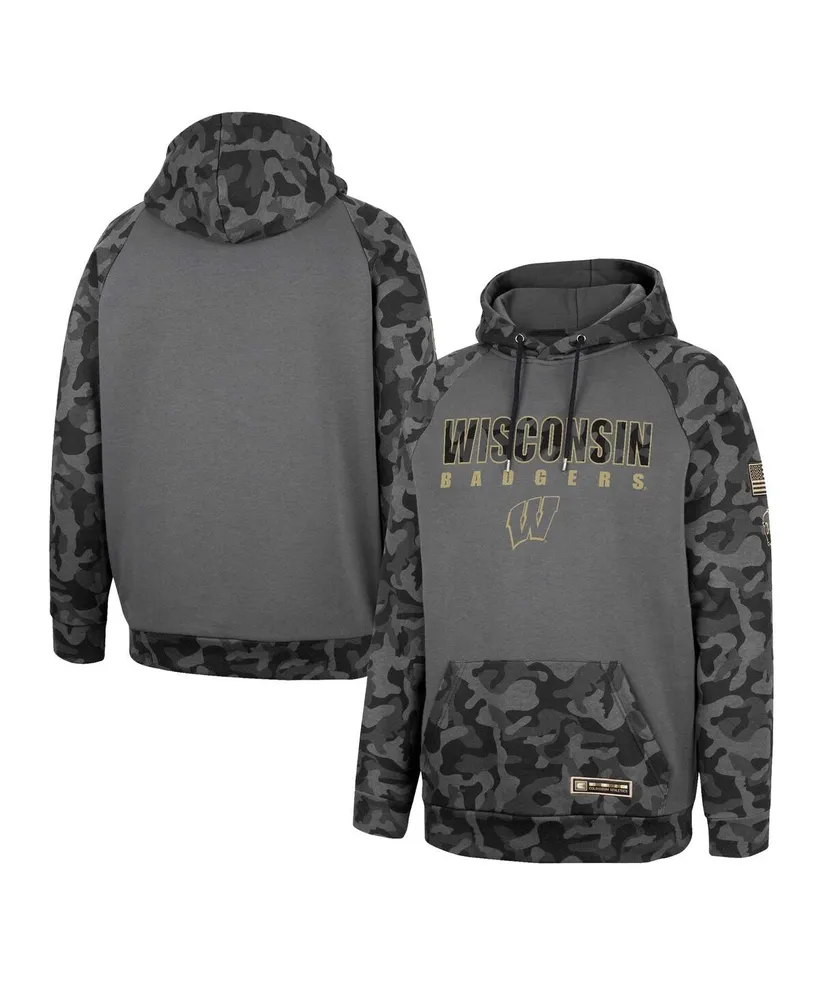 Men's Colosseum Charcoal Wisconsin Badgers Oht Military-Inspired Appreciation Camo Stack Raglan Pullover Hoodie