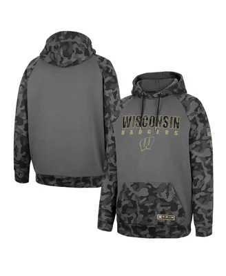 Men's Colosseum Charcoal Wisconsin Badgers Oht Military-Inspired Appreciation Camo Stack Raglan Pullover Hoodie