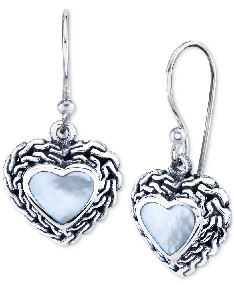 White Mother Of Pearl Heart Drop Earrings in Sterling Silver