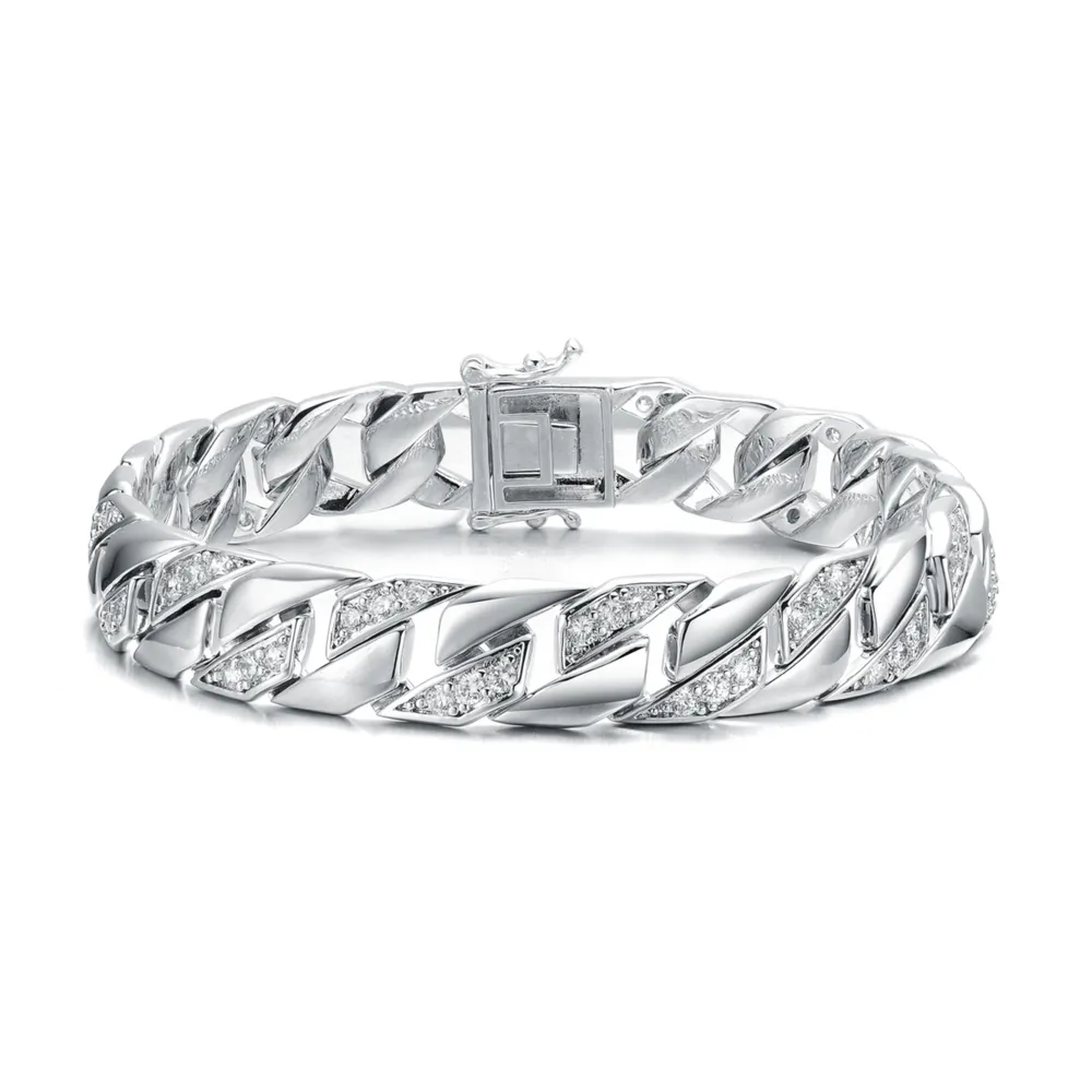 Men's Sterling Silver Iced Out Cubic Zirconia Braided Cuban Chain Bracelet