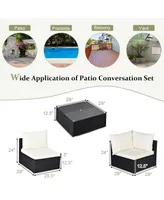 7PCS Patio Rattan Furniture Set Sectional Sofa Cushioned Glass Table