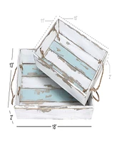 Rosemary Lane White Wood Tray with Blue Stripe, Set of 2, 18", 15" W