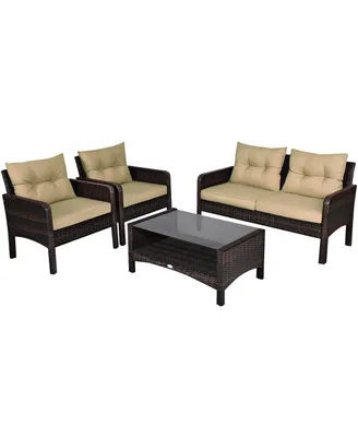 4PCS Patio Rattan Furniture Set Loveseat Sofa Coffee Table Garden