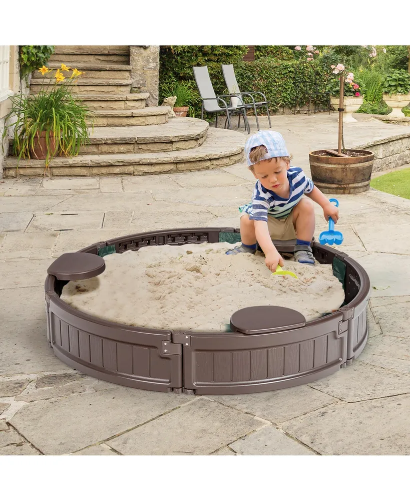 4F Wooden Sandbox w/Built-in Corner Seat, Cover, Bottom Liner for Outdoor Play