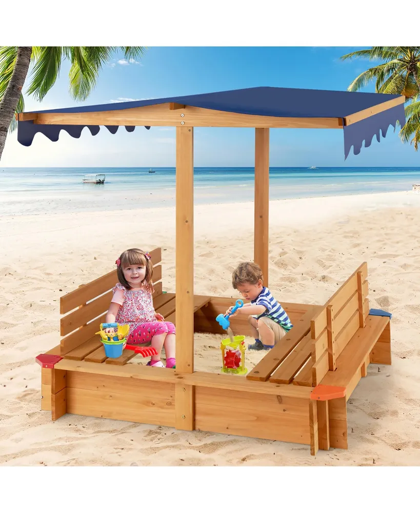 Kids Wooden Sandbox w/ Canopy & 2 Bench Seats Bottom Liner for Outdoor