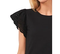 CeCe Women's Crewneck Eyelet Flutter-Sleeve Knit Top