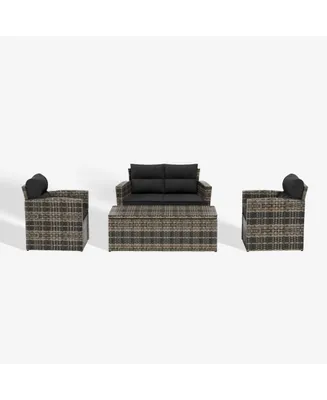 4-Piece Pe Rattan Wicker Conversation Sofa Set with Cushions