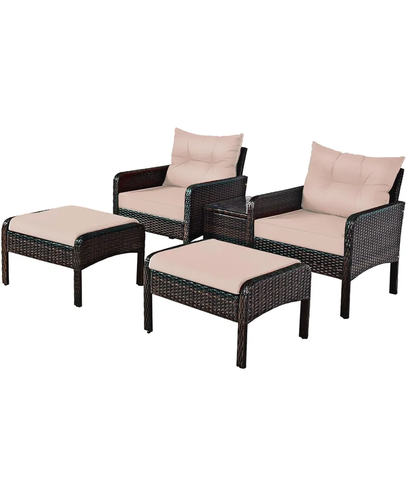 5 Pcs Rattan Wicker Furniture Set Sofa Ottoman W/Brown Cushion Patio Garden Yard