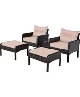 5 Pcs Rattan Wicker Furniture Set Sofa Ottoman W/Brown Cushion Patio Garden Yard