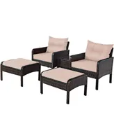 Costway 5 Pcs Rattan Wicker Furniture Set Sofa Ottoman W/Brown Cushion Patio Garden Yard