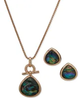 Anne Klein Gold-Tone 2-Pc. Set Abalone Teardrop Pendant Necklace & Matching Stud Earrings