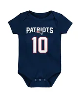 Newborn and Infant Navy Boys Girls Mac Jones New England Patriots Mainliner Player Name Number Bodysuit