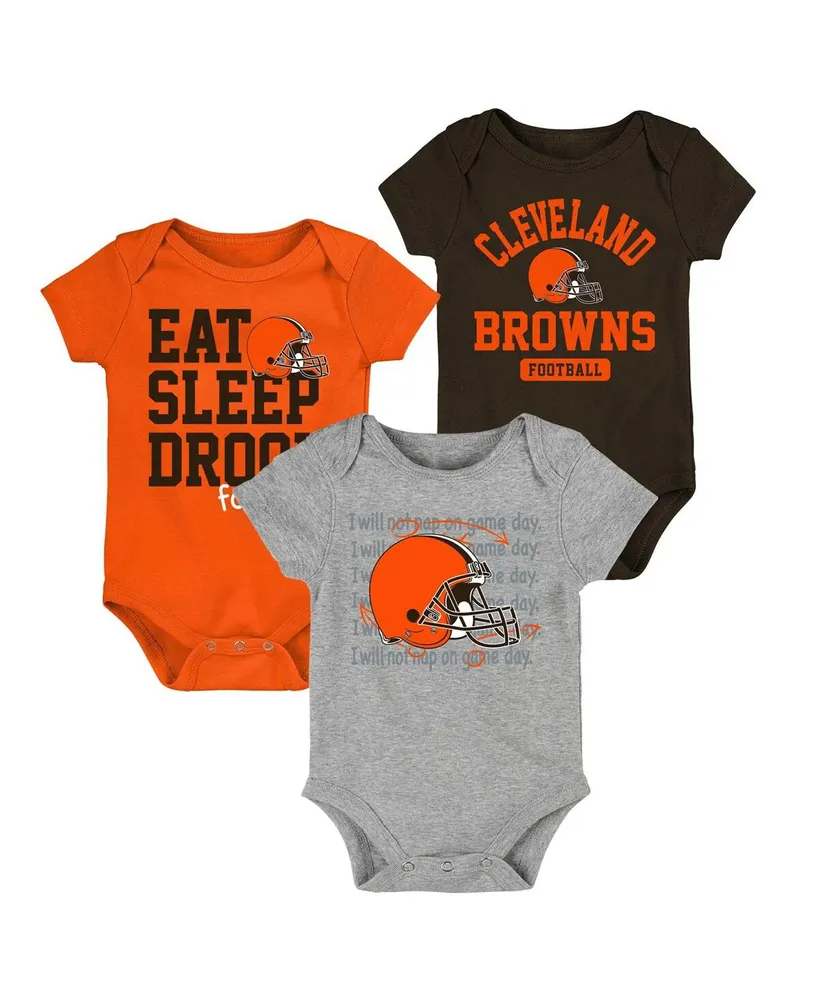 Newborn and Infant Boys and Girls Brown, Orange, Heathered Gray Cleveland Browns Three-Piece Eat Sleep Drool Bodysuit Set