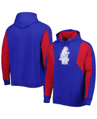 Men's Mitchell & Ness Royal and Red Chicago Cubs Colorblocked Fleece Pullover Hoodie