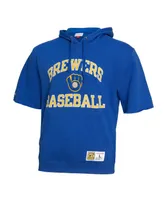 Men's Mitchell & Ness Royal Milwaukee Brewers Cooperstown Collection Washed Fleece Pullover Short Sleeve Hoodie