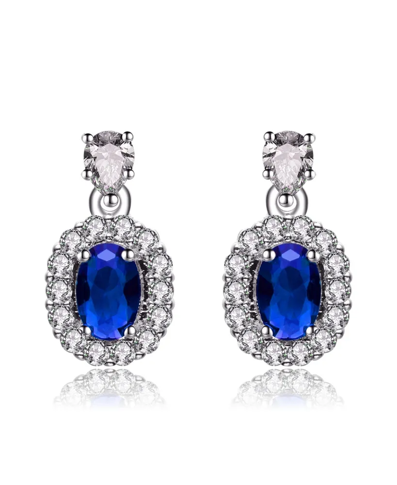 Genevive Sterling Silver White Gold Plated Sapphire Blue Oval Cubic Zirconia with Clear Pear and Round Cubic Zirconias Accent Earrings