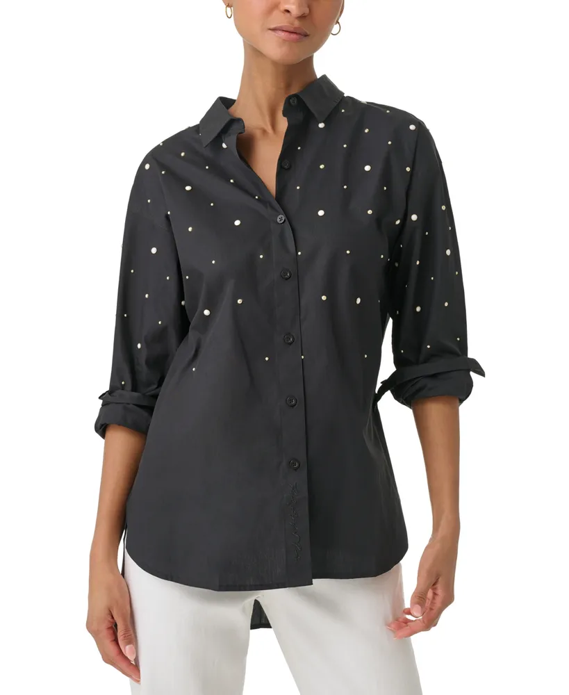 Karl Lagerfeld Paris Women's Embellished Button-Down Poplin Blouse