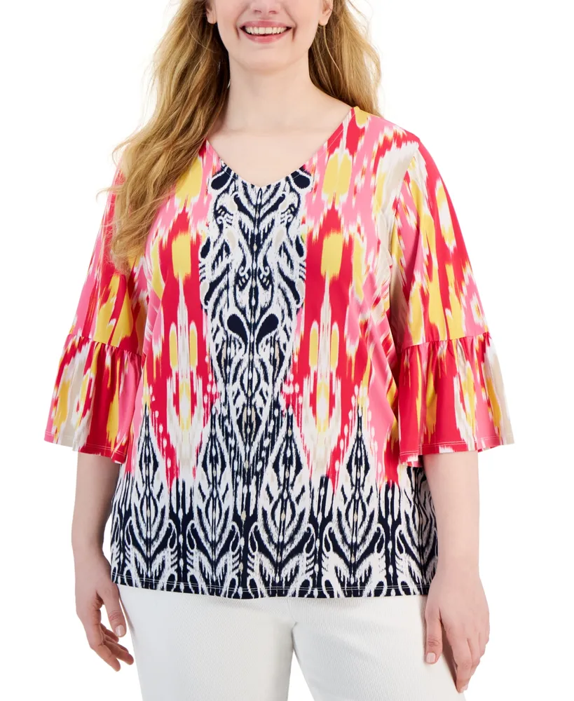 Jm Collection Plus Size V-Neck Ruffle-Sleeve Tunic, Created for