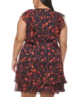 Tommy Hilfiger Plus Ruffled Floral Chiffon Dress