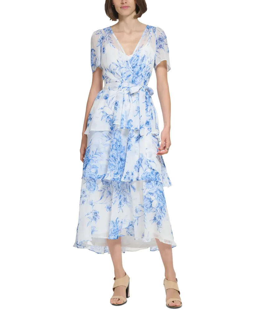 Calvin Klein Plus Size Printed Tie-Waist Tiered Chiffon Dress