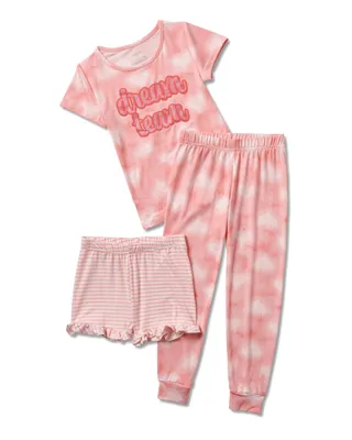 Little, Big Girls 3-Piece Pajama Set with Glitter Long Sleeve Top, Shorts, and Joggers