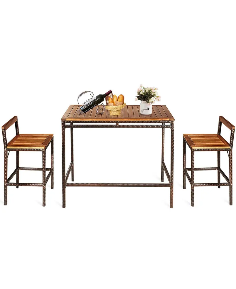 Costway 3 Pcs Patio Rattan Wicker Bar wood Table Chair Outdoor