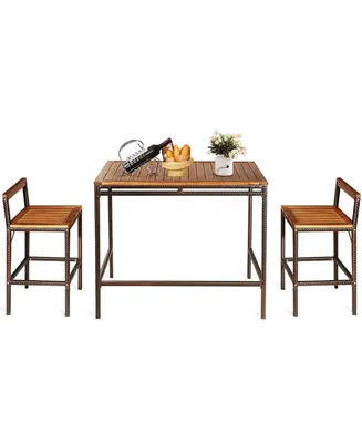 3 Pcs Patio Rattan Wicker Bar wood Table Chair Outdoor