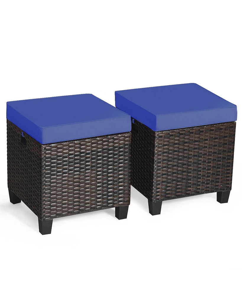 2PCS Patio Rattan Ottoman Cushioned Seat Foot Rest Coffee Table Furniture Garden