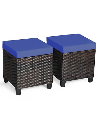 2PCS Patio Rattan Ottoman Cushioned Seat Foot Rest Coffee Table Furniture Garden