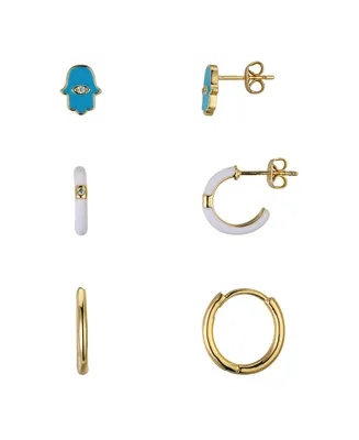 Unwritten 14K Gold Flash-Plated Cubic Zirconia Blue Enamel Hamsa Post Stud and Hoops Earring Set