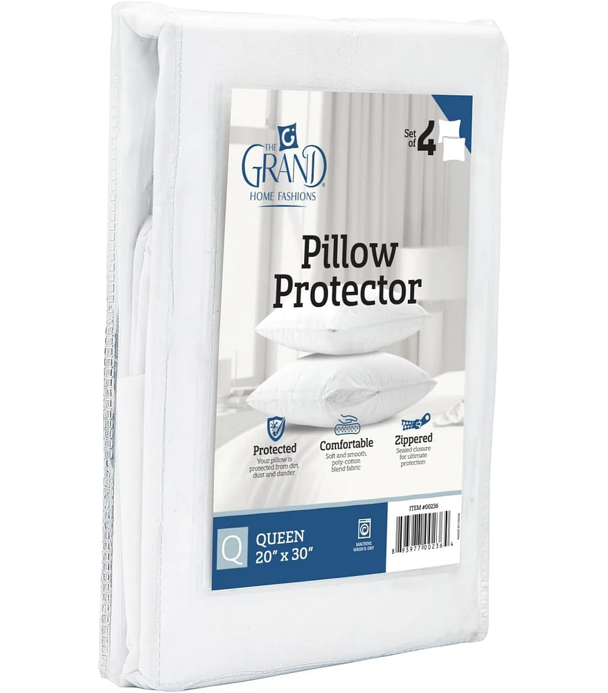 The Grand Poly-Cotton Zippered Pillow Protector - 200 Thread Count - Protects Against Dust, Dirt, and Debris - Queen Size - 4 Pack