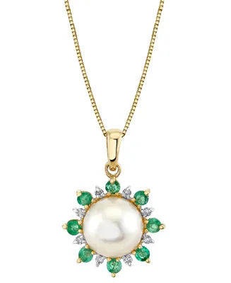 Cultured Freshwater Pearl (9mm), Emerald (1/2 ct. t.w.) & Diamond Accent 18" Pendant Necklace in 14k Gold