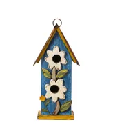 Glitzhome 13.75" H Washed Two-Tiered Distressed Solid Wood Birdhouse with 3D Flowers