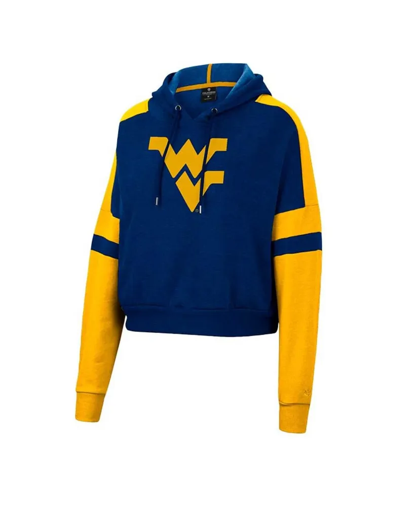 Women's Colosseum Heather Navy West Virginia Mountaineers Throwback Stripe Arch Logo Cropped Pullover Hoodie