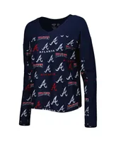 Women's Concepts Sport Navy Atlanta Braves Breakthrough Allover Print Long Sleeve V-Neck T-shirt and Shorts Sleep Set