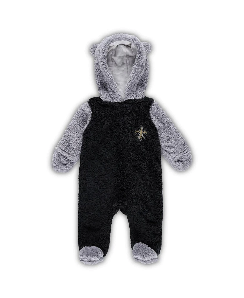Newborn and Infant Boys Girls Black, Gray New Orleans Saints Game Nap Teddy Fleece Bunting Full-Zip Sleeper