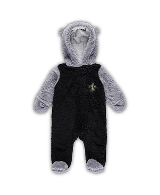 Newborn and Infant Boys Girls Black, Gray New Orleans Saints Game Nap Teddy Fleece Bunting Full-Zip Sleeper