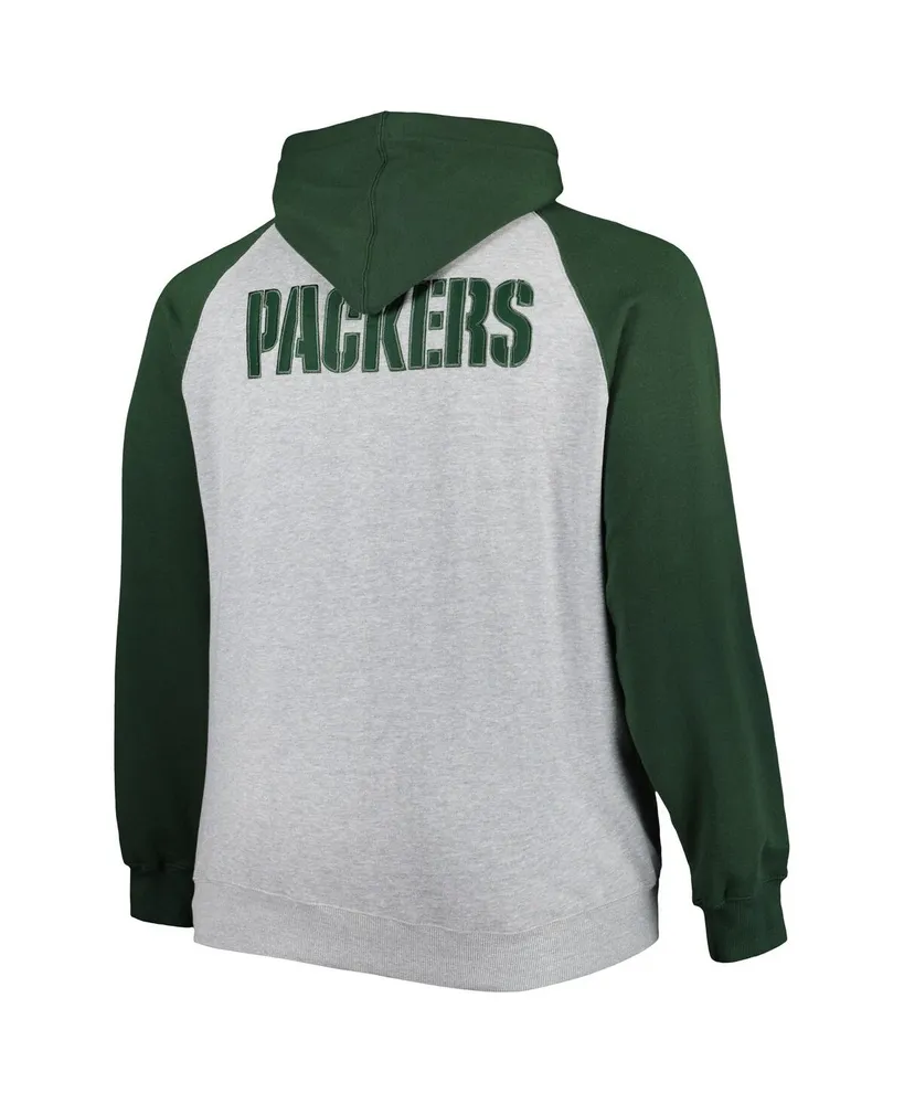 Men's Heather Gray Green Bay Packers Big and Tall Fleece Raglan Full-Zip Hoodie Jacket