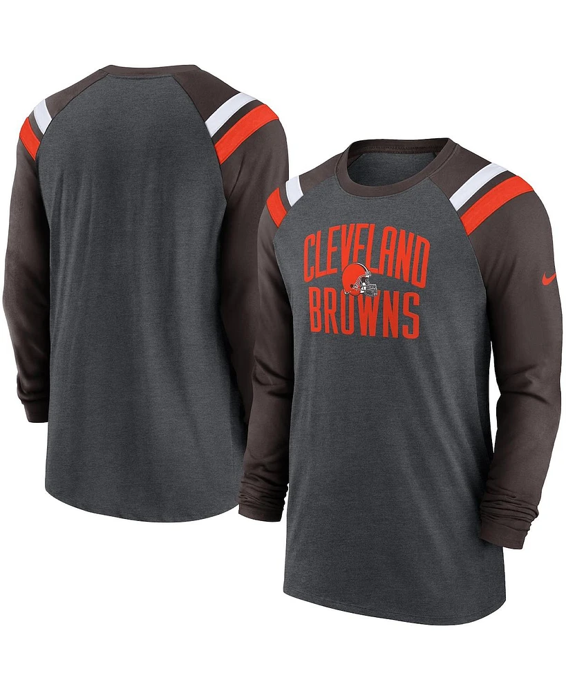 Men's Nike Heathered Charcoal, Brown Cleveland Browns Tri-Blend Raglan Athletic Long Sleeve Fashion T-shirt