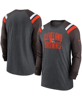 Men's Nike Heathered Charcoal, Brown Cleveland Browns Tri-Blend Raglan Athletic Long Sleeve Fashion T-shirt
