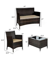4PCS Rattan Patio Furniture Set Sofa Chair Coffee Table w/Cushion