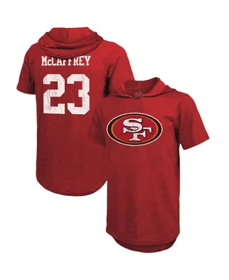 Men's Majestic Threads Christian McCaffrey Scarlet San Francisco 49ers Player Name and Number Tri-Blend Short Sleeve Hoodie T-shirt