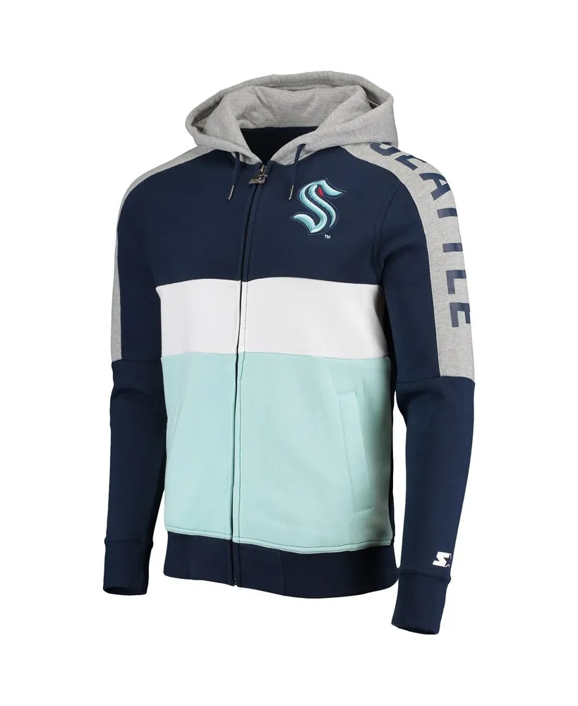 Men's Starter Deep Sea Blue, Blue Seattle Kraken Playoffs Color Block Full-Zip Hoodie