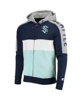 Men's Starter Deep Sea Blue, Blue Seattle Kraken Playoffs Color Block Full-Zip Hoodie